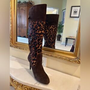 Ralph Lauren Brown Suede Knee-High Boots with Leopard Print NWOT size 9 1/2